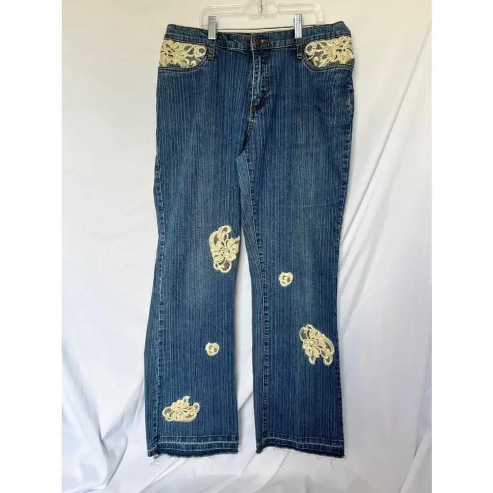 Bill Blass Y2K Jeans Size 10 Blue with Tan Lace